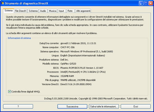 Conoscere la versione di DirectX