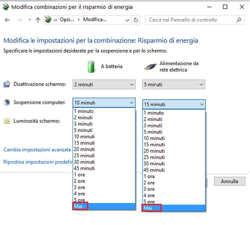 Disattivare modalità standby su windows 10 Richiesta sospensione temporanea energia elettrica